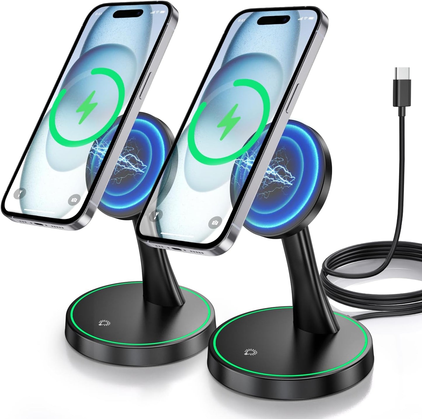 2 Pack Magnetic Wireless Charger Stand 15W Fast Magnetic Charger for iPhone 16/16 Pro/16 Plus/16 Pro Max/15/14/13/12 Series Magnet Wireless Charging Station/Pad with Sleep-Friendly Light for AirPods
