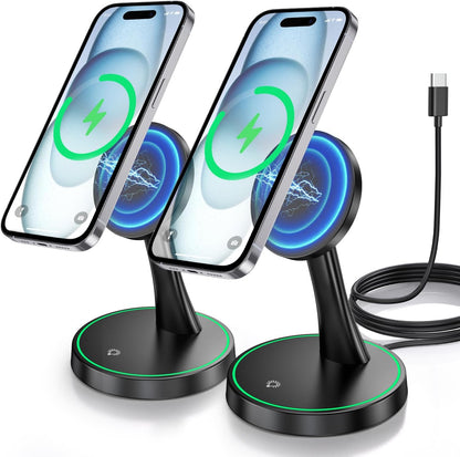 2 Pack Magnetic Wireless Charger Stand 15W Fast Magnetic Charger for iPhone 16/16 Pro/16 Plus/16 Pro Max/15/14/13/12 Series Magnet Wireless Charging Station/Pad with Sleep-Friendly Light for AirPods