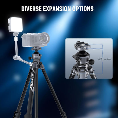 NEEWER LITETRIP LT07 61" Aluminum Travel Tripod Stand for Camera with Pan Tilt Low Profile Ball Head, Arca QR Plate Compatible with Peak Design Tripod Plate V3, Dual Center Axis, Max Load 22lb