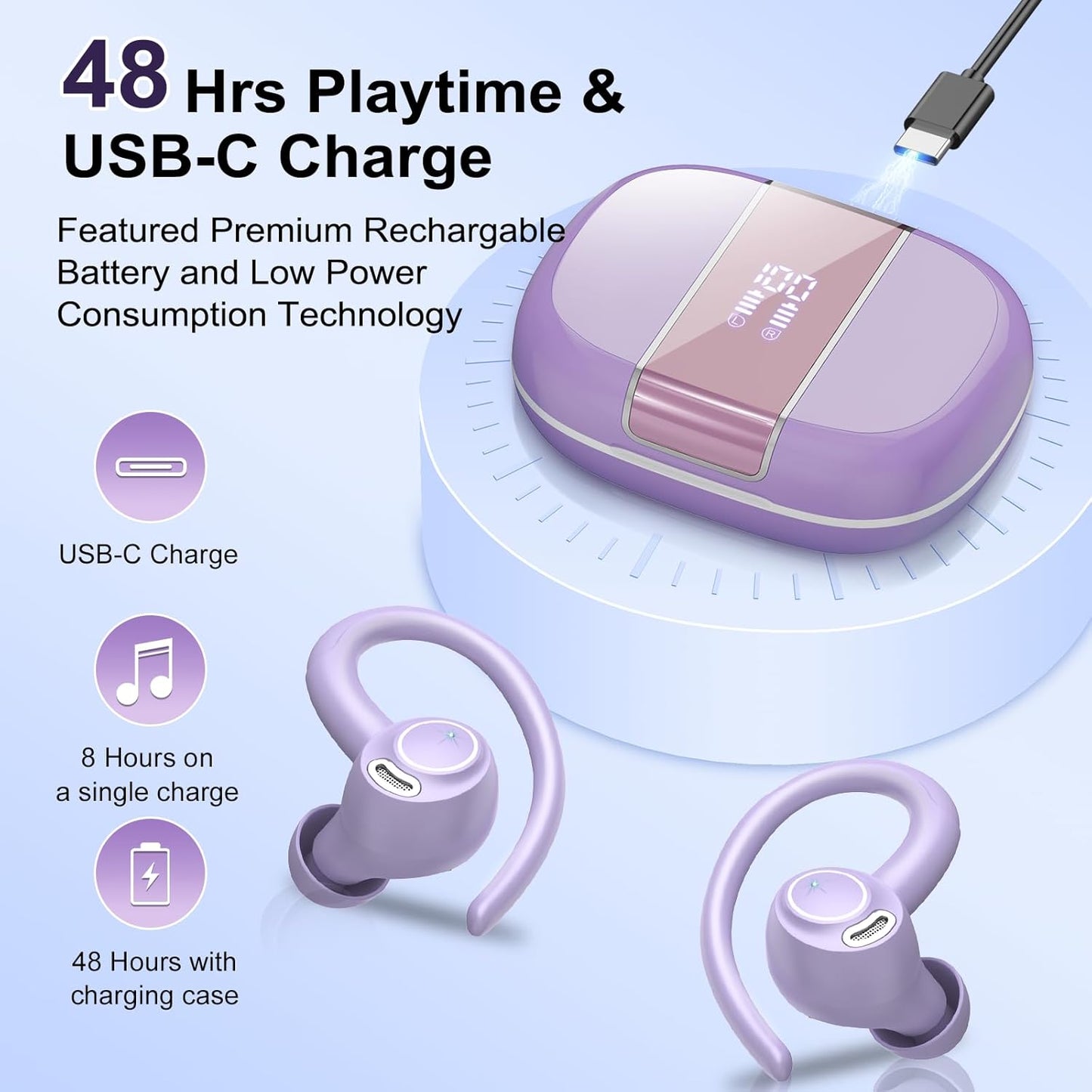 Wireless Earbuds Bluetooth 5.3 Headphones Sports, 48Hrs Playtime Bluetooth Earbuds with CVC 8.0 Mic, Stereo Bass Over Ear Bud with Earhooks, LED Display, IP7 Waterproof Earphon for Running Purple