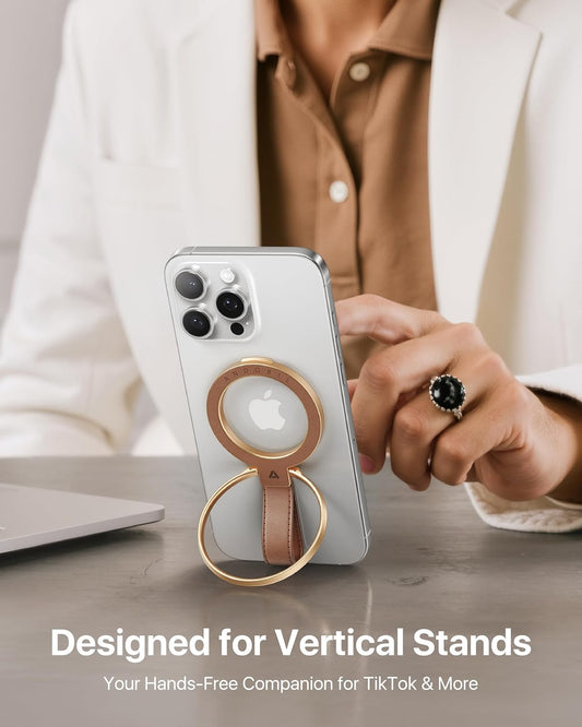 andobil[2025 Premium Leather]Magnetic Phone Grip for MagSafe[Unrivaled Stability]Adjustable Phone Ring Kickstand with Leather Loop Compatible with MagSafe Accessories&iPhone 16 Pro Max/15/14/13,Brown