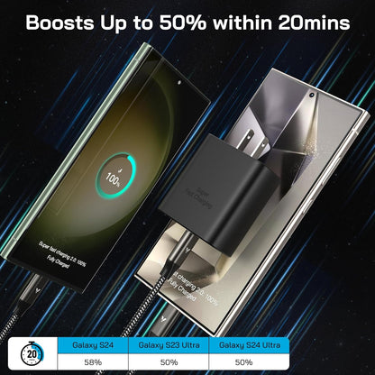 45W Super Fast Charger USB C, 45 Watt Type-C Android Phone Charger Fast Charging Block with 12FT Type C Cords for Samsung Galaxy S25 Ultra/S24 Ultra/S24+/S23 Ultra/S23+/S22 Plus/S20, Tab S9/S8 Ultra