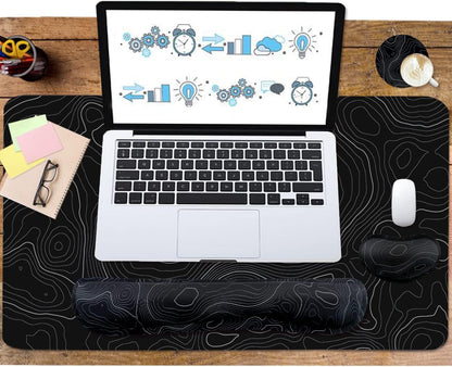 Topographic Mouse Pad Set, Extended Mouse Pad+Keyboard Wrist Rest, Memory Foam Ergonomic Easy Typing, 4Pcs (35.4×15.7 in) Desk Pad Set for Home Office Study Game-Topographic Contour