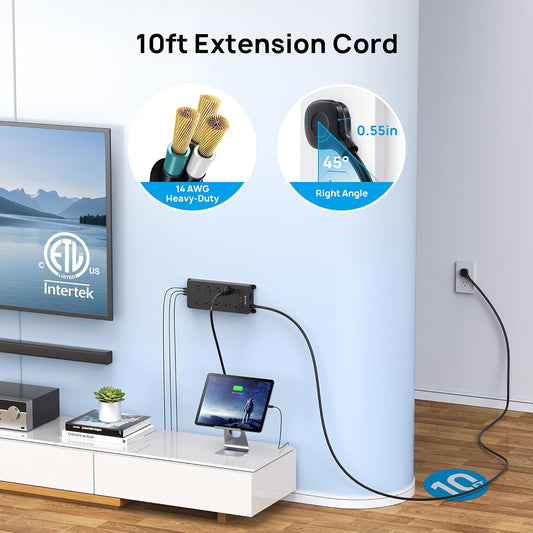 TROND Surge Protector Power Strip 10ft, 4000J, ETL Listed, 10 Widely Spaced Outlets, 2 USB A & 2 USB C Ports, Flat Plug Long Extension Cord, Wall Mountable, for Home Office Entertainment, Black