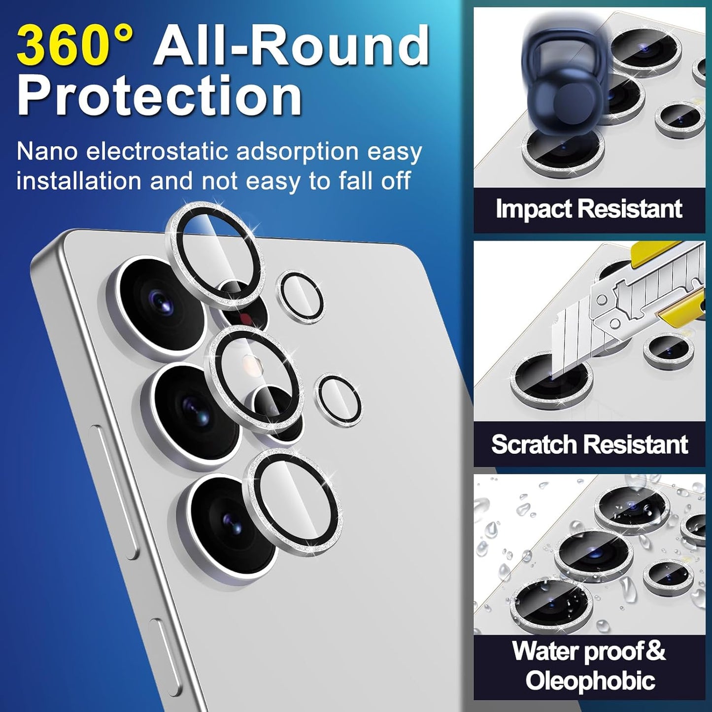 for Samsung Galaxy S25 Ultra Camera Lens Protector, Individual Metal Ring Tempered Glass Lens Cover, [Strong Adsorption] Scratch Resistant Ultra-Thin HD Clear Lens Cover, 1 Set-Silvery Sparkly