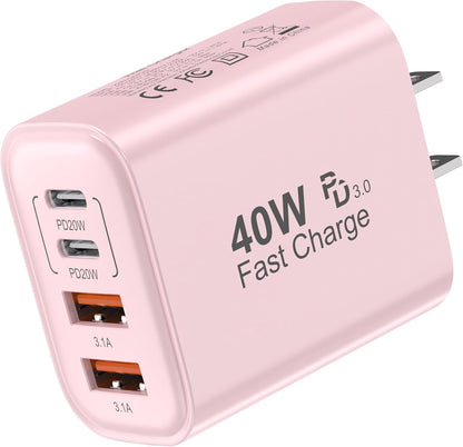 USB C Block 40W, 4 Ports Wall Plug Fast Charging Block, PD+QC Multiport Power Adapter USB C Charger Type C for iPhone 16,15,14,13,12,11, Pro Max, X, Xr, Xs, 8, 7, Watch, Galaxy Phones (Pink 1Pack)