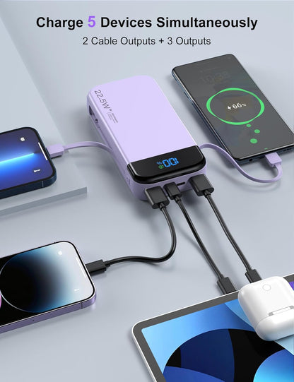 Portable Charger Power Bank 32000mAh with Built in Cables, PD3.0 USB C Fast Phone Charger, 5 Outputs LCD Display Travel Battery Pack Compatible with iPhone, Samsung All Cell Phones (Purple)