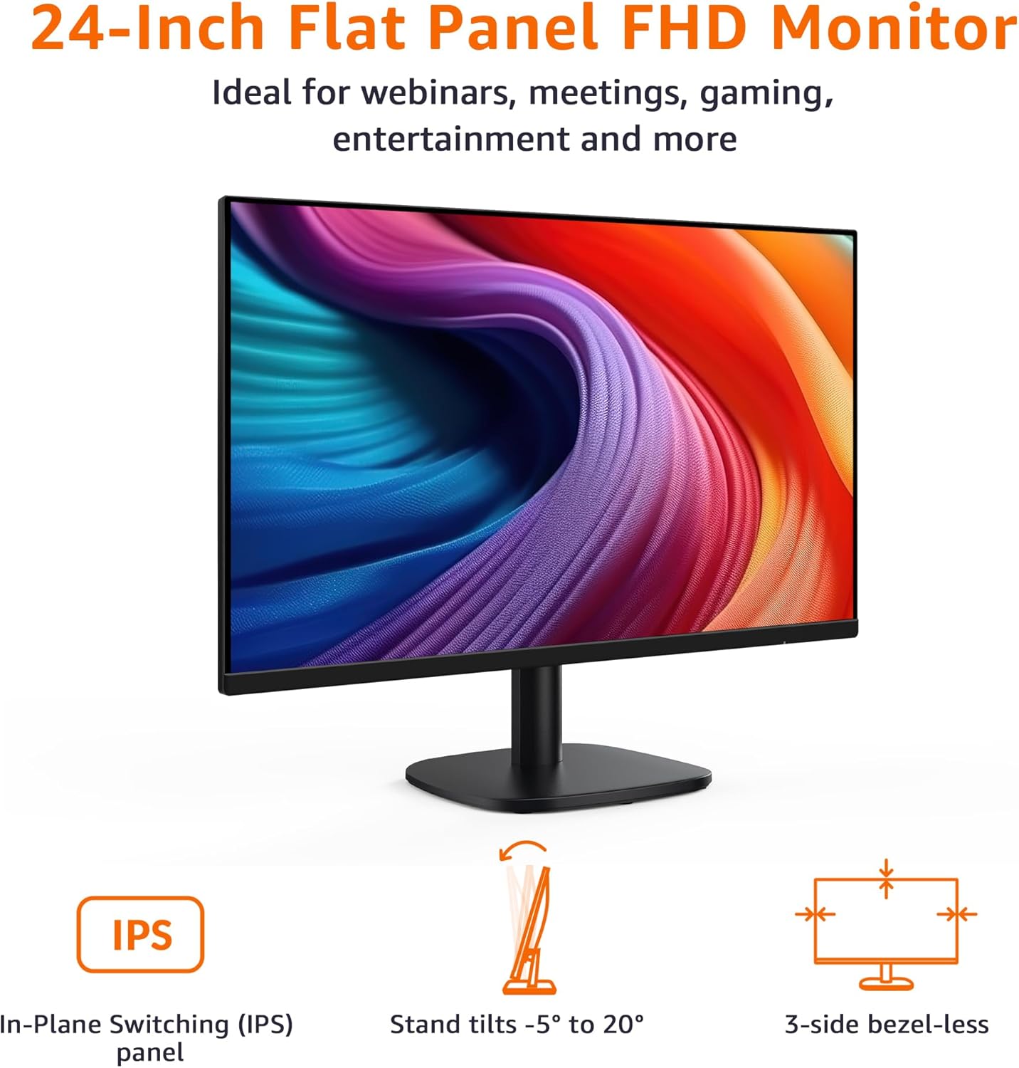 Amazon Basics 24 in Monitor, FHD 1080P, Max 100Hz, VESA Compatible, Built-in Speakers, Black
