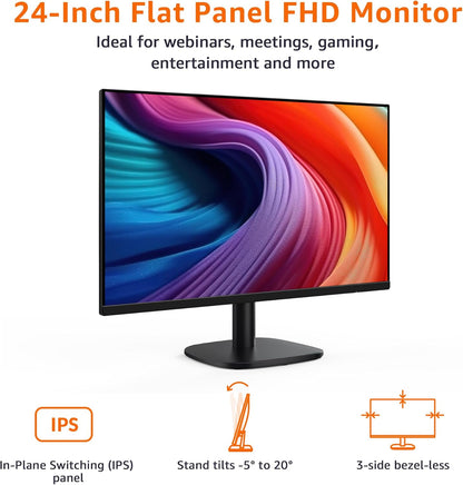 Amazon Basics 24 in Monitor, FHD 1080P, Max 100Hz, VESA Compatible, Built-in Speakers, Black