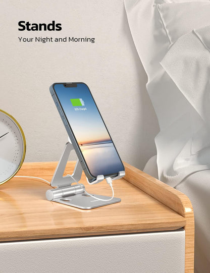 Nulaxy 2 Pack Dual Folding Cell Phone Stand, Fully Adjustable Foldable Desktop Phone Holder Cradle Dock Compatible with iPhone 17 16 15 14 13 12 Pro Max Xs Xr, All Phones, Silver