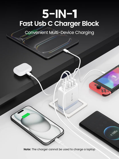USB C Charger Block, [2-Pack] Type C Charger Fast Charging,50W 5-Port USB Wall Charger Multiport Type C Charging Block Cube for iPhone 16 15 14 13 12 11 Pro Max XS, iPad, Samsung & More-White