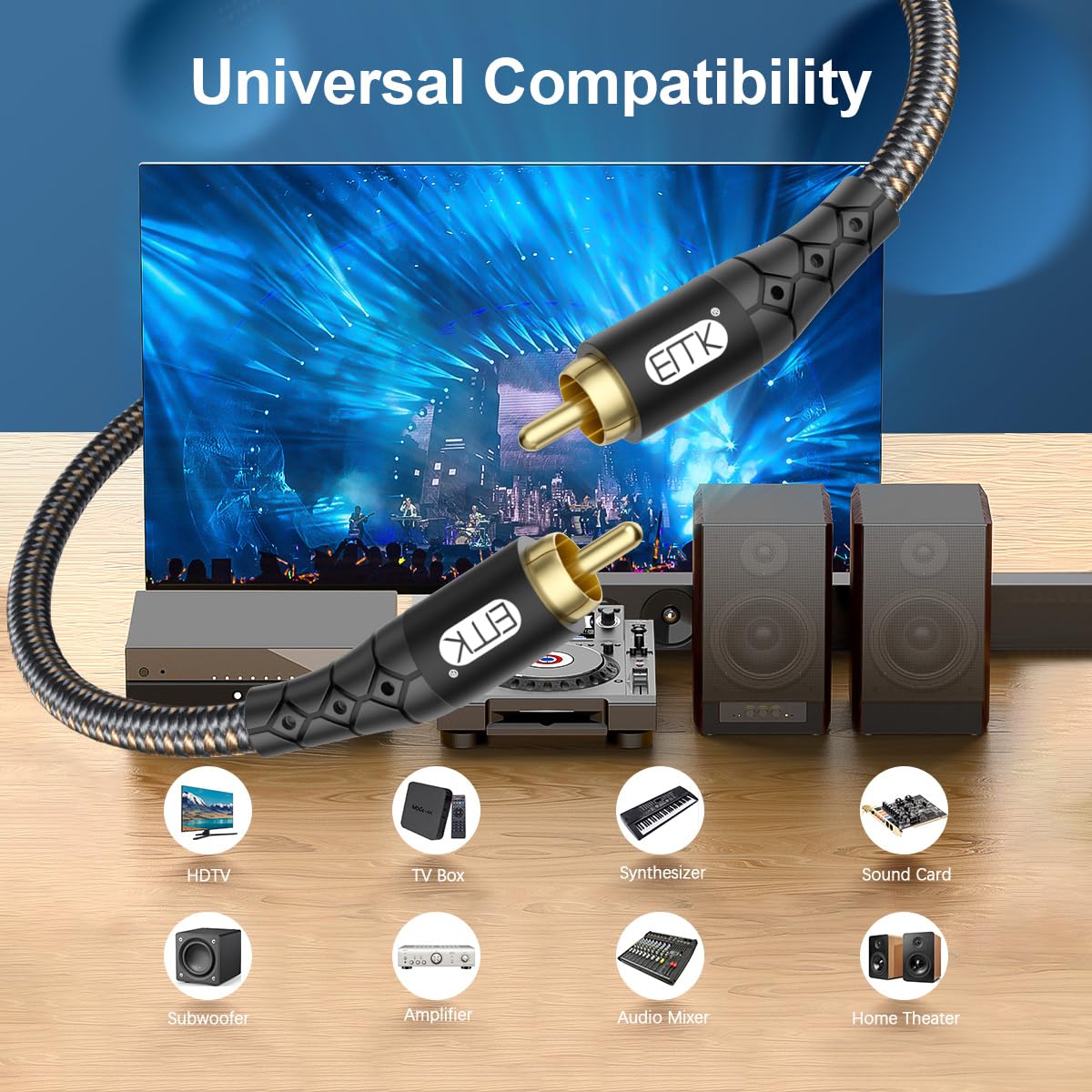 EMK RCA to RCA Subwoofer Cable – 24K Gold-Plated Connector Nylon Braided Double Shielded Audio Cable Digital&Analog Signal Support for Amplifiers Subwoofer Home Theater Hi-Fi Systems Black/6.6ft/2m