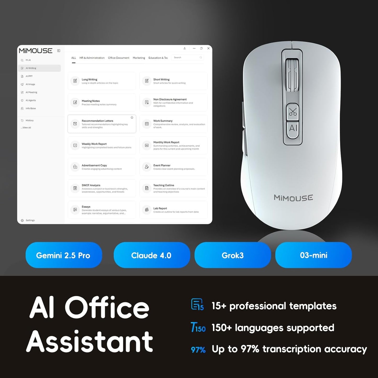 M4 Wireless Smart Ai Mouse For Pc Laptops,One-Touch Voice Input, Ai Assistant, Meeting Recording, Screenshot Translation, And Multi-Language Compatibility, Is A High-Performance Office Device.