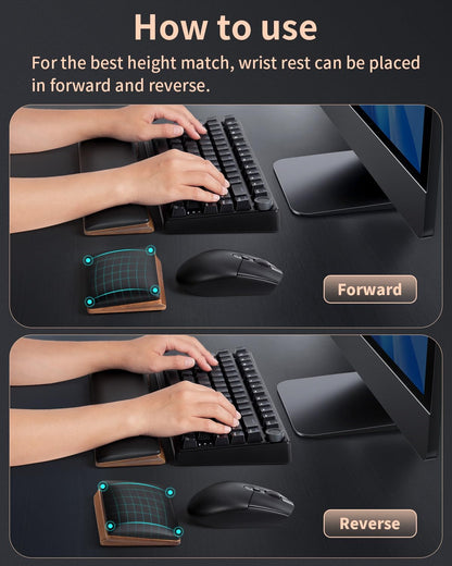 ASFSKY Keyboard and Mouse Wrist Rest Set - Memory Foam & Wooden Base Ergonomic Wrist Support Pad with PU Leather Cover, Non-Slip, Durable & Easy-to-Clean Wrist Cushion for Office, Gaming Desk