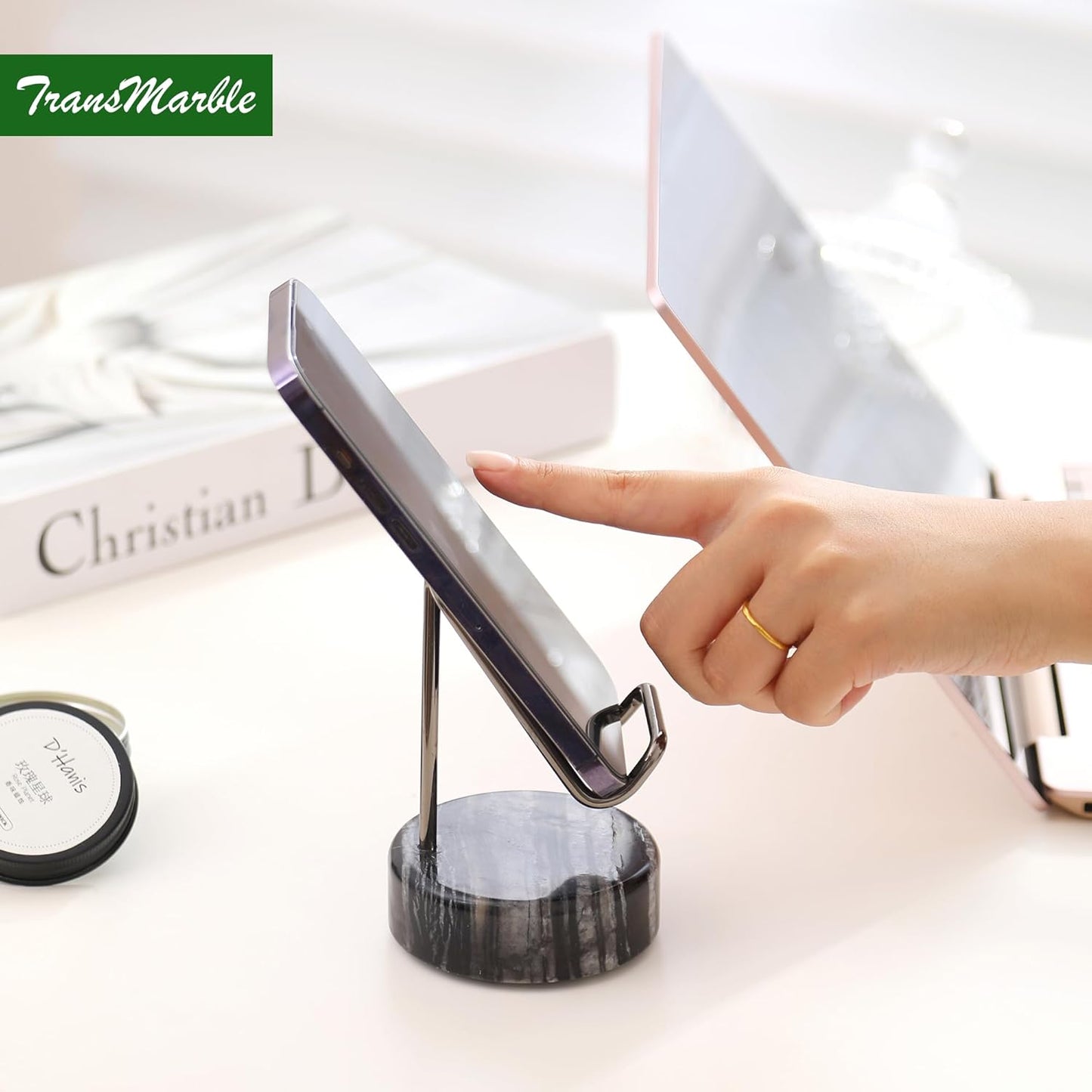 Marble Phone Stand with Metal Holder, Charging Available While Using, Swipe Up to Unlock, Made of Natural Marble as Business Card Holder for Office Desk (Wooden Black + Black)