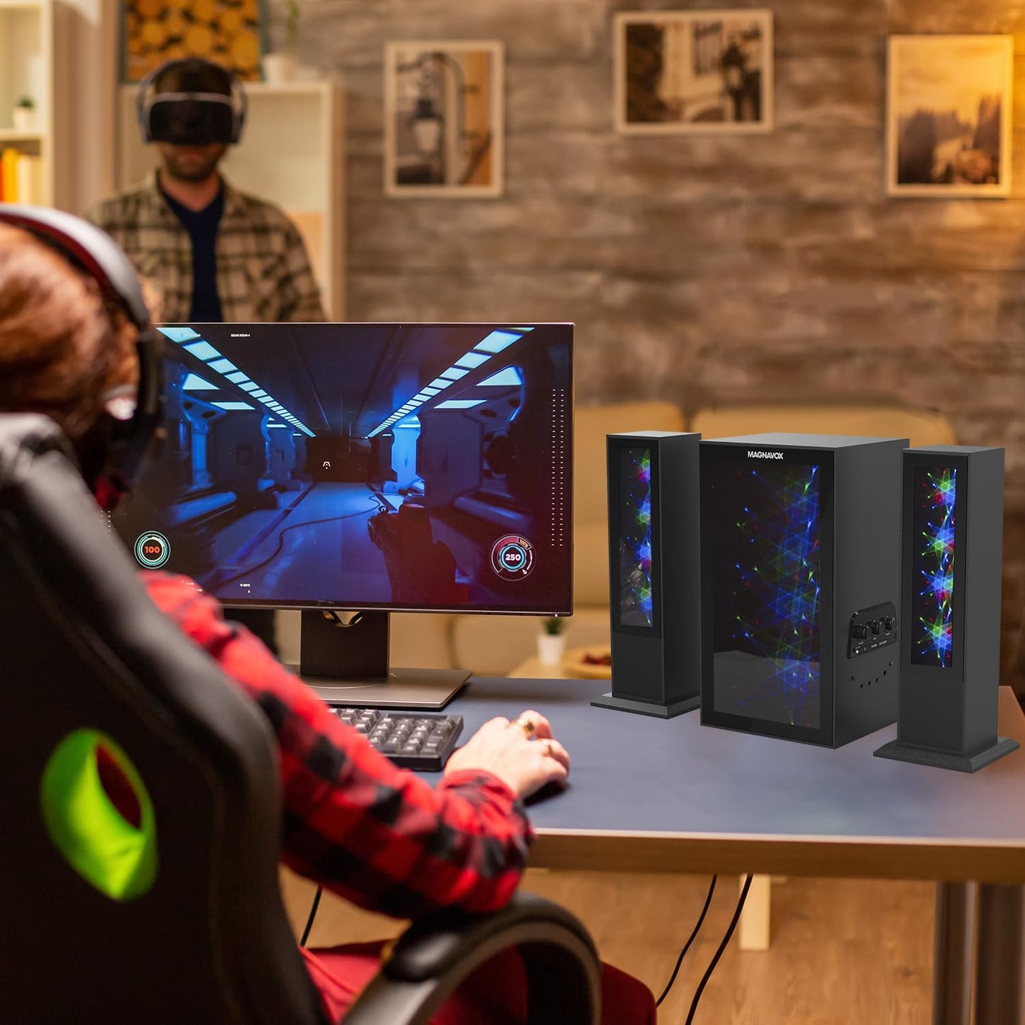 Magnavox MHT990 2.1 Home Entertainment System with Bluetooth Wireless Technology and Color Changing Lights in Black | AUX Port | Subwoofer with 2 Speakers | Pulsing Lights |