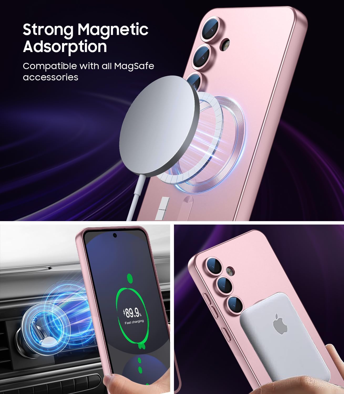 Magnetic for Samsung Galaxy S24 FE Case [Compatible with MagSafe][Built-in Camera Lens Protector] Slim Soft Silicone Bumper Shockproof Metallic Luster Phone Cover (Rose Gold)