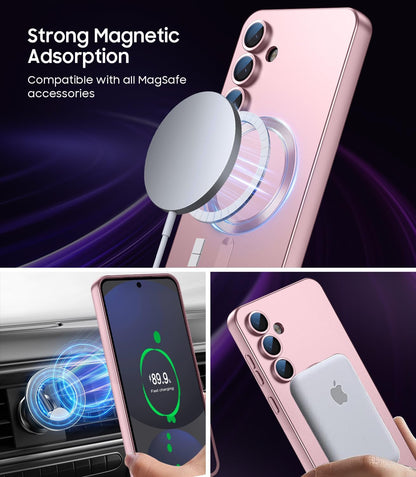 Magnetic for Samsung Galaxy S24 FE Case [Compatible with MagSafe][Built-in Camera Lens Protector] Slim Soft Silicone Bumper Shockproof Metallic Luster Phone Cover (Rose Gold)