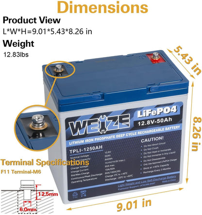WEIZE 12V 50Ah Lithium LiFePO4 Battery, Grade A Cells Built in BMS, 8000+ Deep Cycles Low Temperature Protection Battery for Marine, Trolling Motor, Solar, Power Wheelchair, Backup Sump Pump (2 Packs)