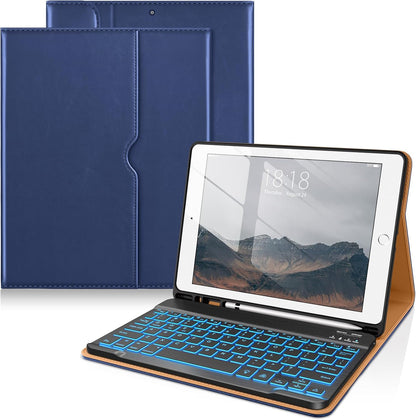 DTTO for iPad 9th/8th/7th Generation 10.2" Case 2021/2020/2019 with Keyboard, 7 Colors Backlit Wireless Detachable Keyboard Premium Leather Folio Cover with Pencil Holder & Pocket, Navy Blue