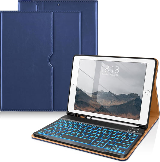 DTTO for iPad 9th/8th/7th Generation 10.2" Case 2021/2020/2019 with Keyboard, 7 Colors Backlit Wireless Detachable Keyboard Premium Leather Folio Cover with Pencil Holder & Pocket, Navy Blue