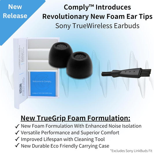 Comply TrueGrip | Premium Memory Foam Replacement Earbud Tips for Sony True Wireless Earbuds | Enhanced Comfort, Secure Fit, Superior Noise Isolation, Cleaning Tool | Black, Medium (3 Pairs)