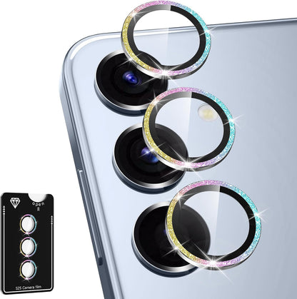 for Samsung Galaxy S25 Camera Lens Protector, Individual Metal Ring Tempered Glass Lens Cover, [Strong Adsorption] Scratch Resistant Ultra-Thin HD Clear Lens Cover, 1 Set-Colorful Sparkly