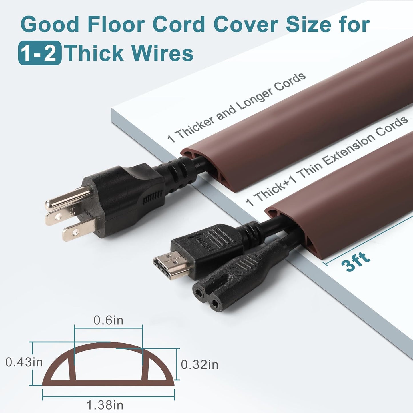 Floor Cable Cover 3ft Brown, LZEOY Cord Covers for Wires on Floor, Low Profile Cord Hider Cable Management, Office/Carpet Compatible