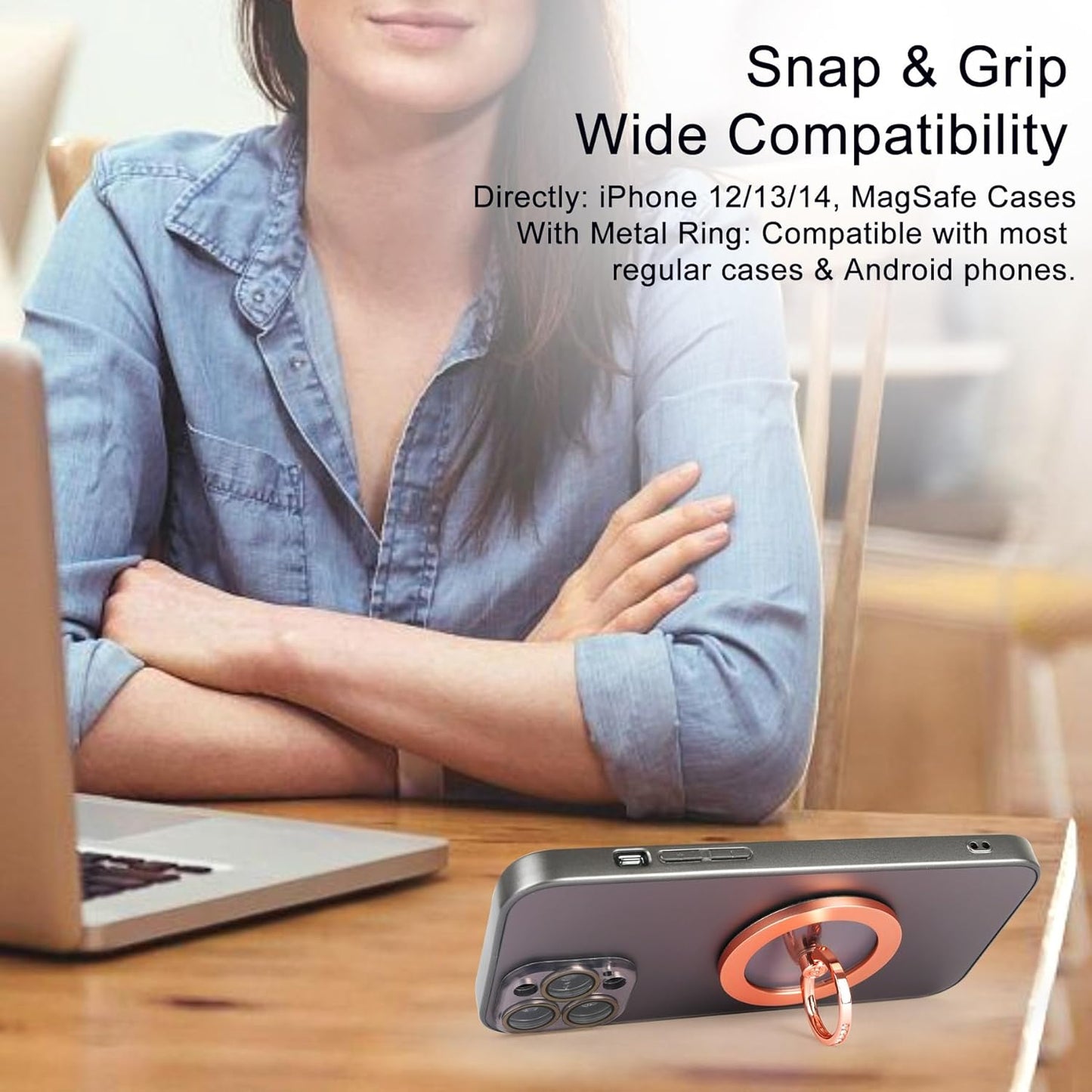 Magnetic Phone Grip for MagSafe, EI Sonador Magnet Phone Ring Holder, Removable, Compatible with iPhone 14 Plus 13 12 Pro Max Mini (Transparent Rose Gold Diamond)