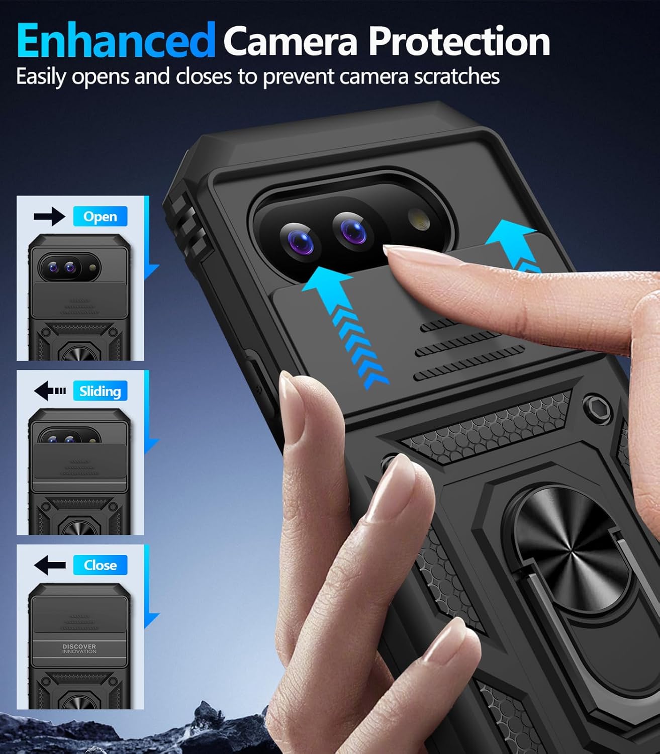 Taisairu for Google Pixel 9A Case with Screen Protector & Slide Camera Lens Cover, Built-in 360°Rotate Magnetic Ring Stand Shockproof Protective Phone Case for Google Pixel 9A Case (Black)