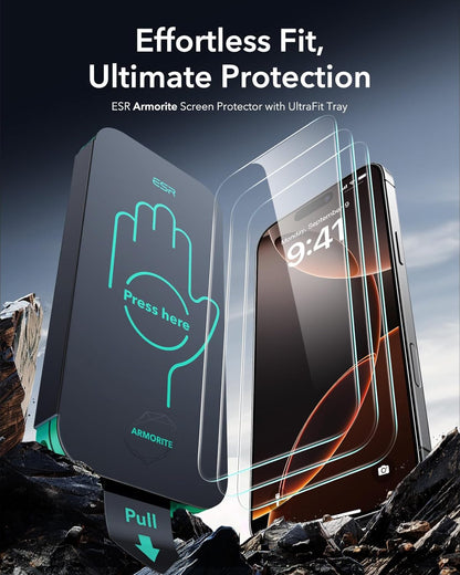 ESR 3 Pack 9H+ Glass for iPhone 16 Pro Screen Protector, [Military Grade Shatterproof & Longest Durable] Armorite Ultra-Tough Tempered Glass with UltraFit Tray