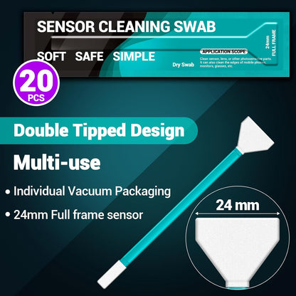 Aocii 20pcs Full Frame Camera Sensor Cleaning Kit, Lens Solution, 24mm Swab, 30ml Cleaner for Sony Nikon Canon FF CCD CMOS (Dust-Free Vacuum Packaging)