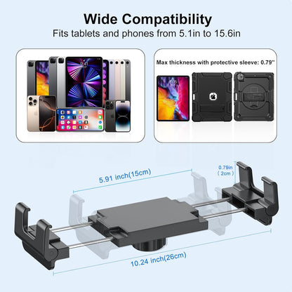 PLDHPRO Tablet Mount for Truck, Heavy Duty Drill Base Tablet Holder for Car Dashboard, Adjustable 2-Stage Stand Compatible with iPad, Galaxy Tab/Z Fold, 5.1-15.6'' Phone Tab for Wall, Vehicle, Boat