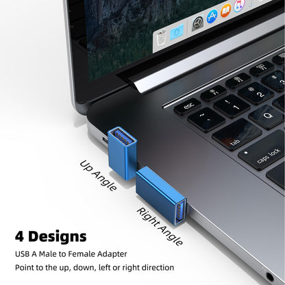 AreMe 90 Degree USB 3.0 Adapter 4 Pack, Up and Down Angle, Left and Right Angle USB A Male to Female Converter Extender for PC, Laptop, USB A Charger, Power Bank and More (Blue)