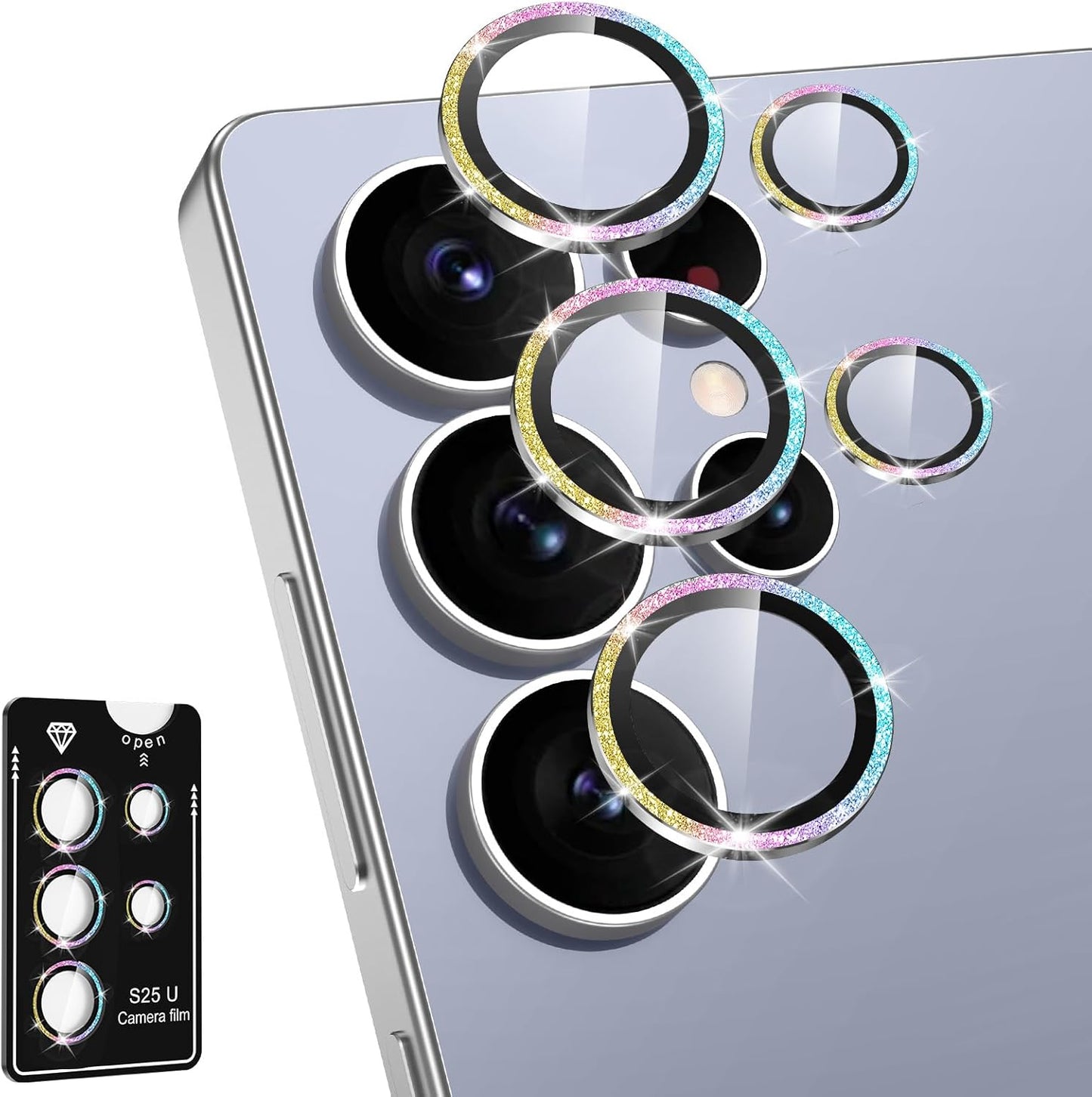 for Samsung Galaxy S25 Ultra Camera Lens Protector, Individual Metal Ring Tempered Glass Lens Cover, [Strong Adsorption] Scratch Resistant Ultra-Thin HD Clear Lens Cover,1 Set-Colorful Sparkly