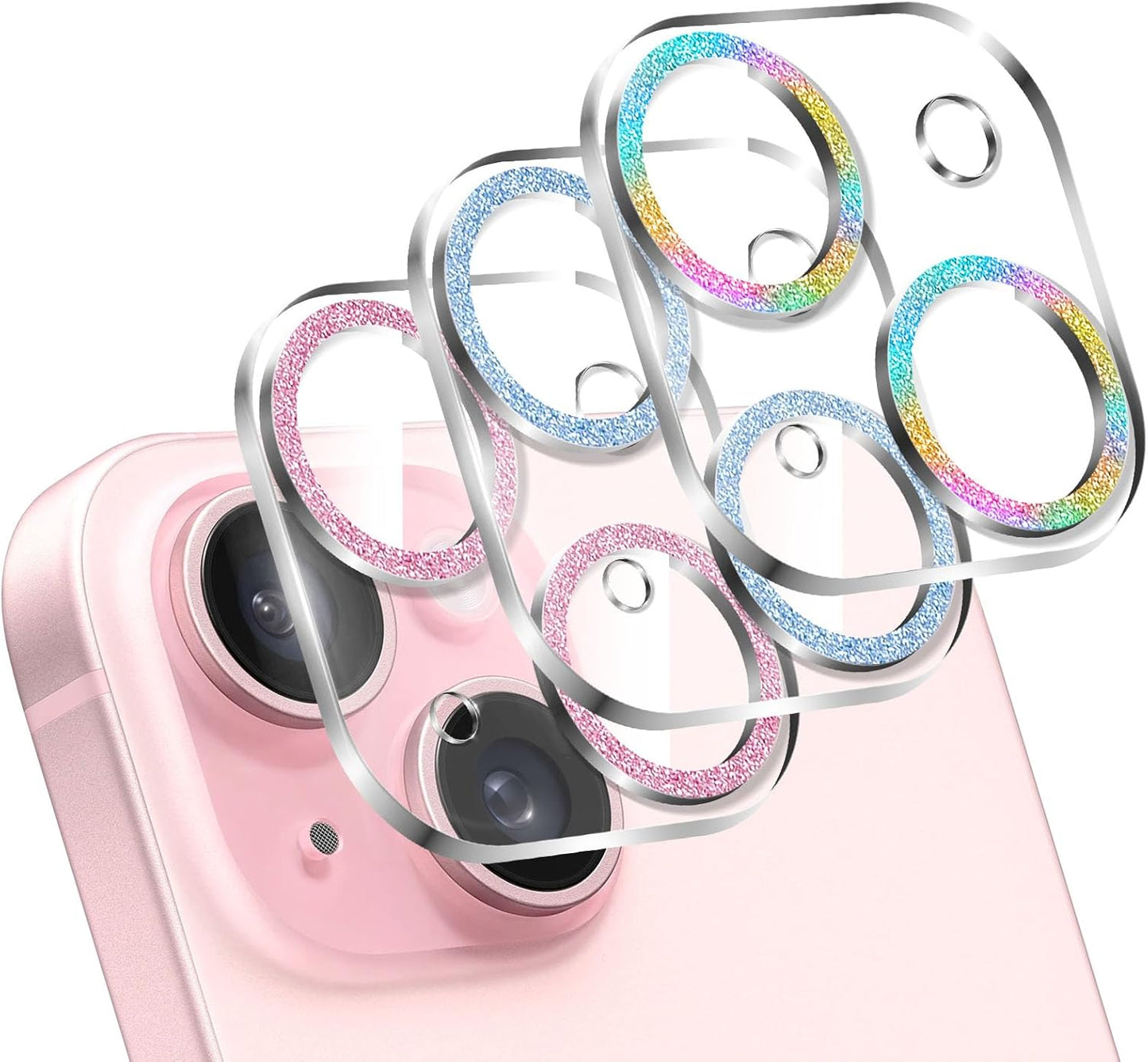 LucBuy 3PCS Sparkling Camera Lens Protector for iPhone 13/iPhone 13 Mini, Full Clear Acrylic Cover with Shiny Colorful Glitter Designed Decoration Back Camera Protector