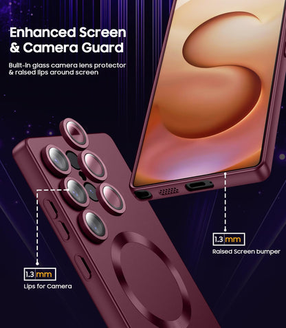 Magnetic for Samsung Galaxy S25 Ultra Case [Compatible with MagSafe][Built-in Camera Lens Protector] Slim Soft Silicone Bumper Shockproof Metallic Luster Phone Shell (Burgundy)