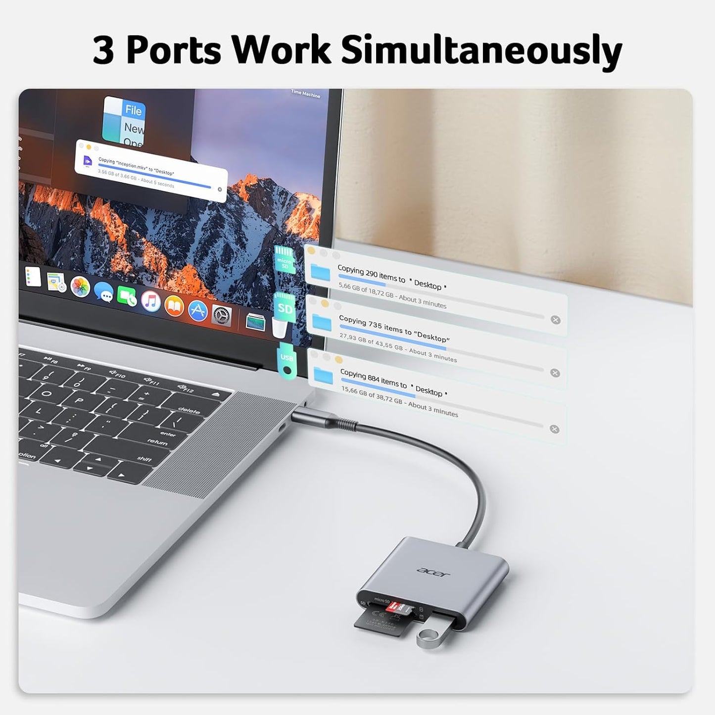 Acer SD Card Reader USB C, 3 in 1 Memory Card Reader with Dual Slots & USB 3.0, Micro SD Card Adapter for iPhone 16/15 Compatible with Camera, Android, MacBook Pro/Air, Laptop