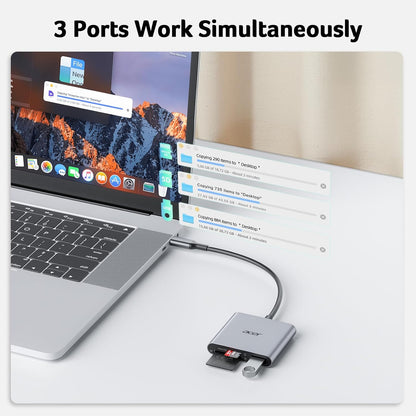 Acer SD Card Reader USB C, 3 in 1 Memory Card Reader with Dual Slots & USB 3.0, Micro SD Card Adapter for iPhone 16/15 Compatible with Camera, Android, MacBook Pro/Air, Laptop