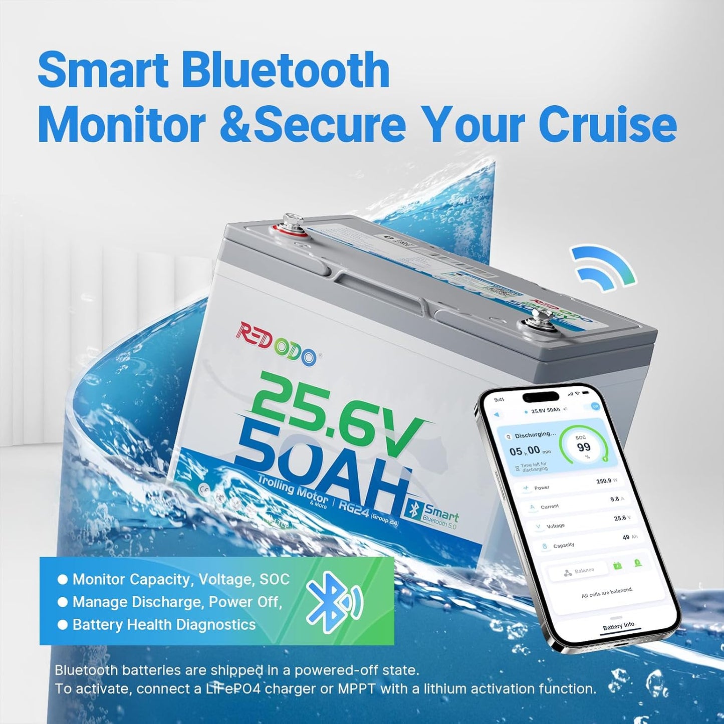 Redodo Bluetooth 24V 50Ah TM Low-Temp LiFePO4 Battery, Smart Lithium Battery Built in 50Ah BMS, 10 Years Lifespan, Perfect for Trolling Motor, Marine, RV, Fishing Finder, Solar and Off Grid-2 Pack