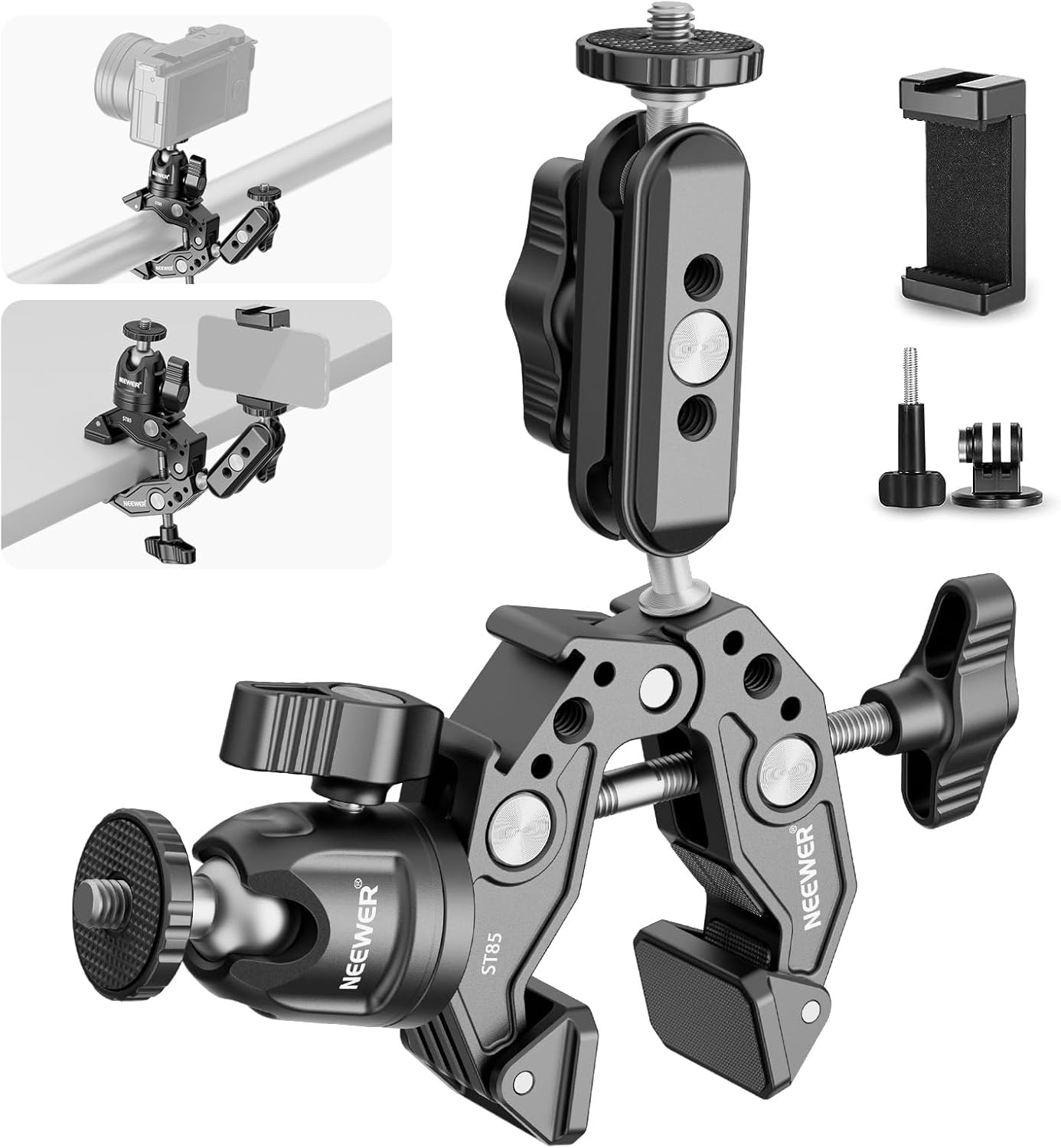 NEEWER Super Clamp with 3" Dual Ballhead Magic Arm, Ball Head Adapter, Cold Shoe, Phone Holder, Action Camera Clamp Mount for Flat/Round Surface Compatible with GoPro DJI iPhone 15 Pro Max, ST85