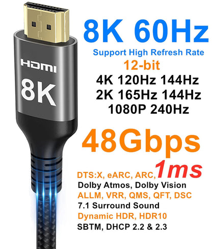 8K HDMI Cable 48Gbps 50 FT, Nylon Braided High Speed HDMI® Cable 4k 120Hz 2k 165Hz 8k 60Hz 12bit eARC ARC Dolby Atmos HDR10+ HDCP2.3 Compatible for Gaming PC TV Soundbar Monitor Mac PS5 Xbox