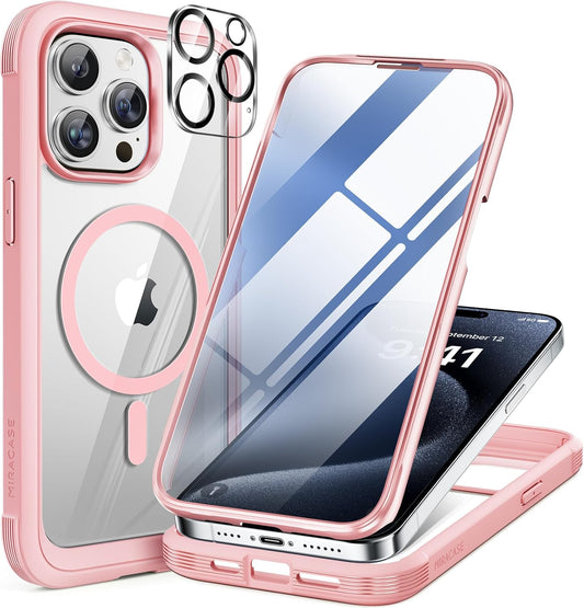 Miracase Magnetic for iPhone 15 Pro Case [Compatible with MagSafe] Full-Body Phone case with Built-in Glass Screen Protector& Camera Protector, Military Drop Proof 15 Pro Cover, Magnetic Pink