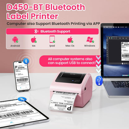 Bluetooth Thermal Label Printer 4x6 - D450BT Shipping Label Printer for Small Business, Shipping Packages, Office, Home, Compatible with Ebay, USPS, Shopify, Amazon, Tiktok