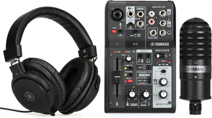 Yamaha AG03MK2 Black Live Streaming Kit with mixer/USB interface, condenser microphone, headphones and mic cable