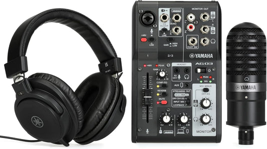 Yamaha AG03MK2 Black Live Streaming Kit with mixer/USB interface, condenser microphone, headphones and mic cable