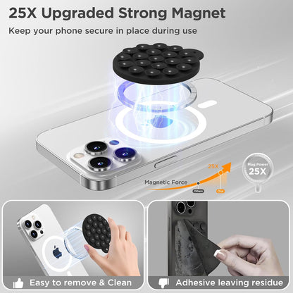 Magnetic Suction Cup Phone Mount for MagSafe Case, Silicone Hands-Free Phone Grip Holder for iPhone and Android, Mirror Shower Phone Stand for Makeup FaceTime Gym Kitchen Bathroom, Black