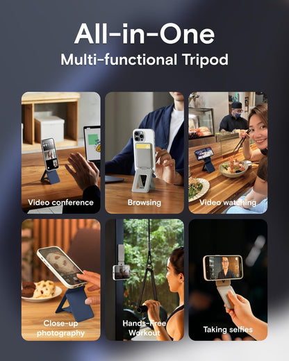 MOFT Phone Tripod Wallet for iPhone, Mulit-Angles, Lightweight & Portable Phone Stand, MOVAS Vegan Leather Magnetic Wallet, Strong Magnets, NFC Card Holder,Travel Essential, Navy Blue (With Card Slot)