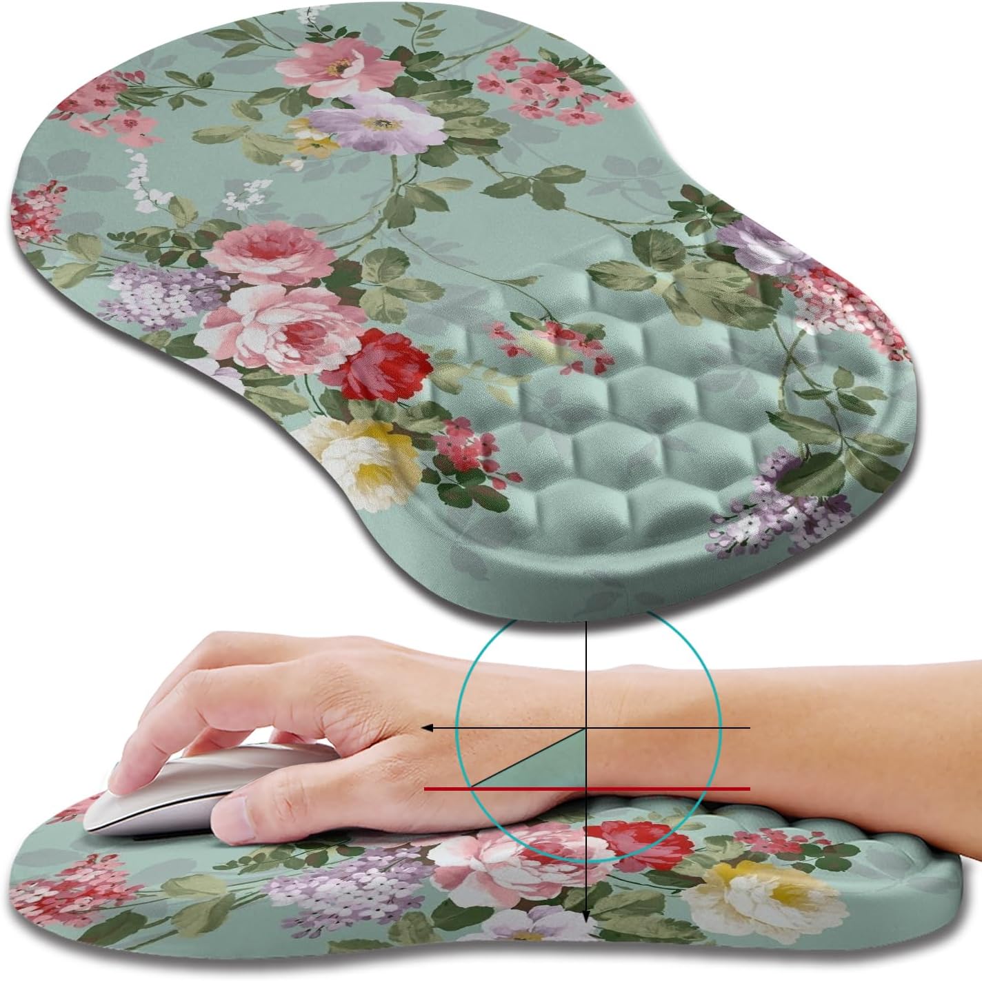 Hokafenle Ergonomic Mouse Pad Wrist Support, Wrist Rest Mousepad for Carpal Tunnel Pain Relief with Integrated Memory Foam Slope Massage Bulge (11.8x7.9 inch,Graceful Peony