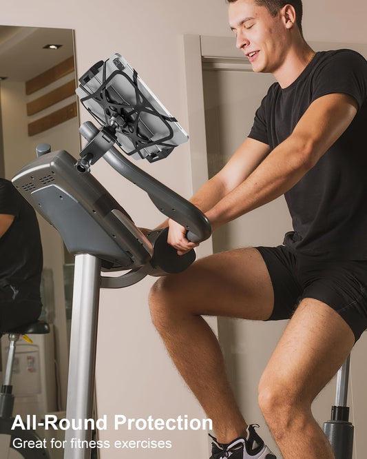 woleyi Spin Bike Tablet Holder - Treadmill Tablet Mount Handlebar Clamp for Indoor Bike Peloton, Stationary Exercise Bicycle Clip for 4.7-13" Tablets iPad Pro, Air, Mini, Galaxy Tab, Fire HD, iPhone